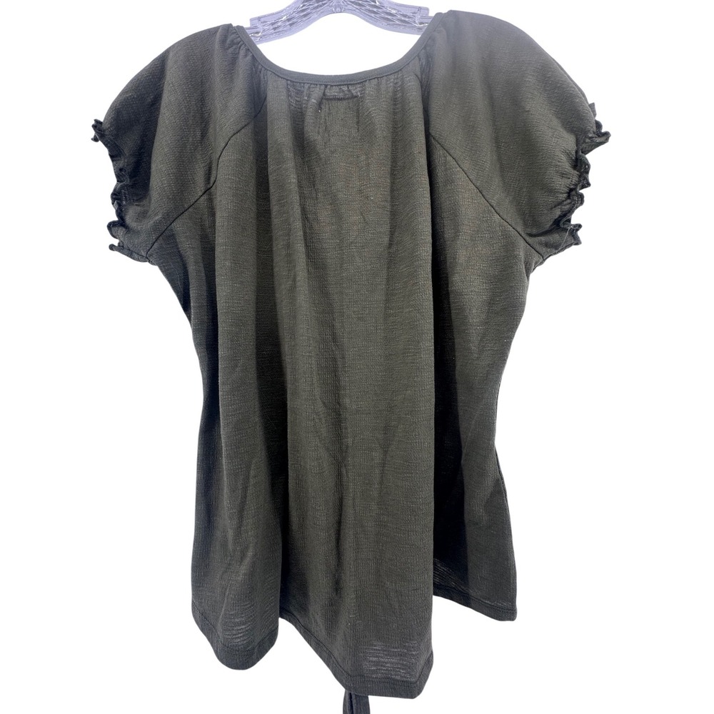 Womens Embroidered Floral Tie Front Top Green Boho Size L Festival Henley Style - Picture 7 of 11